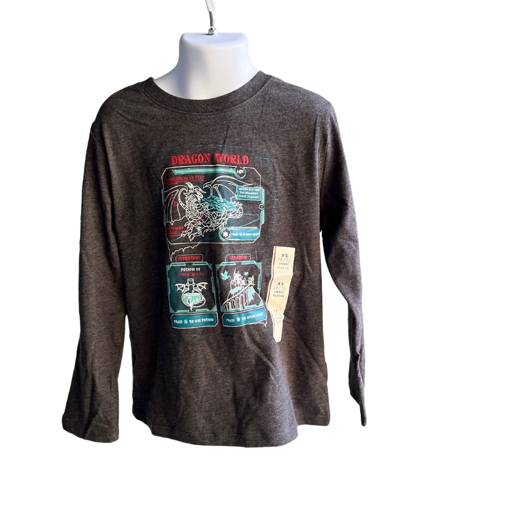Cat and Jack Boys T Shirt long Sleeve Dragon World Size XS 4/5